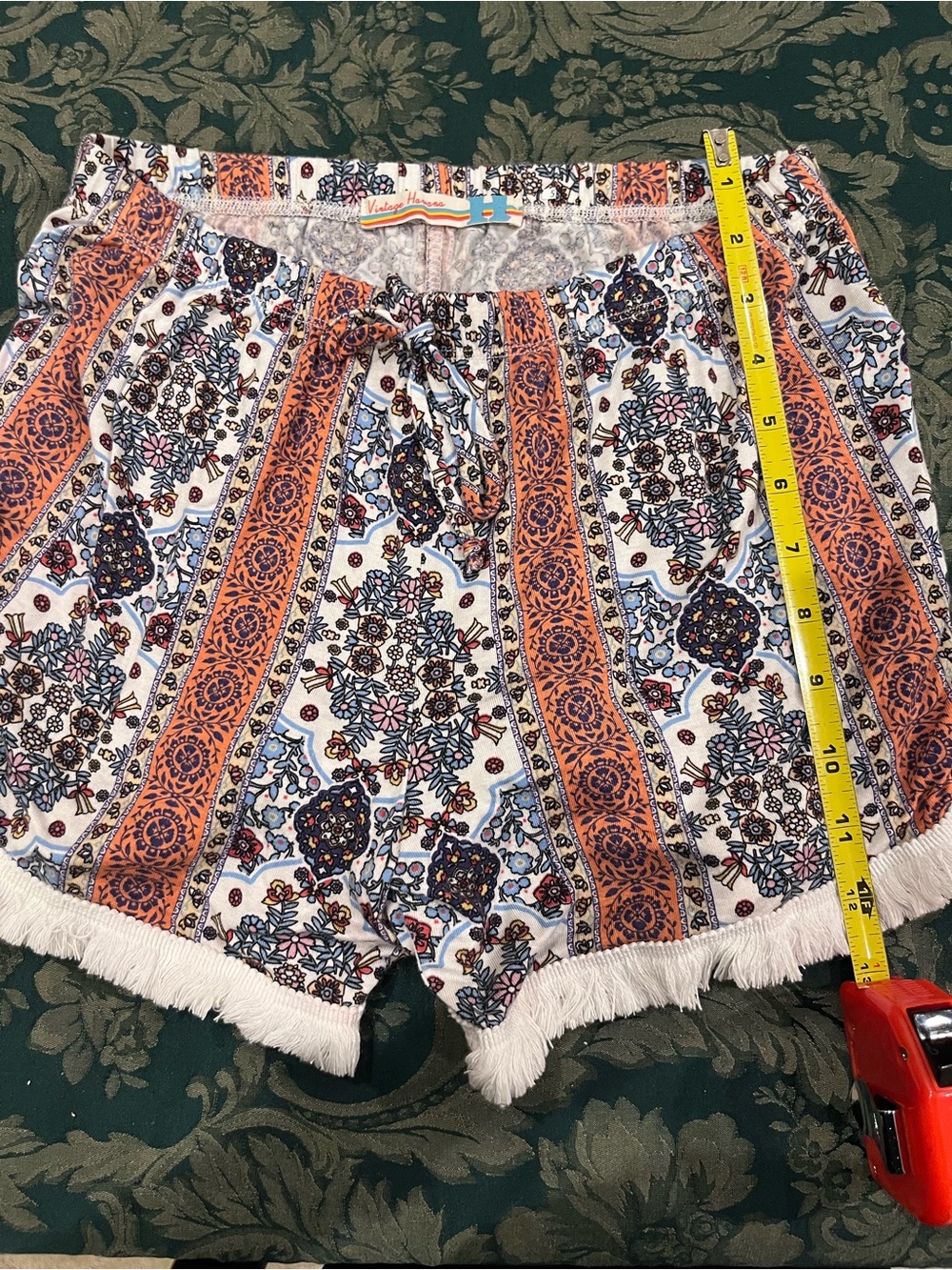 Boho Floral Stripe Shorts with Fringe - Orange & White by vintage Havana